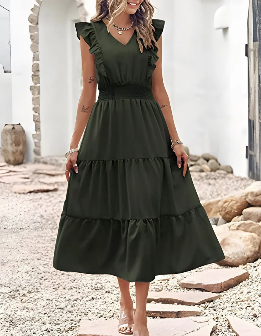 Plain Sleeveless V-Neck Midi Pleated A Line Dresses