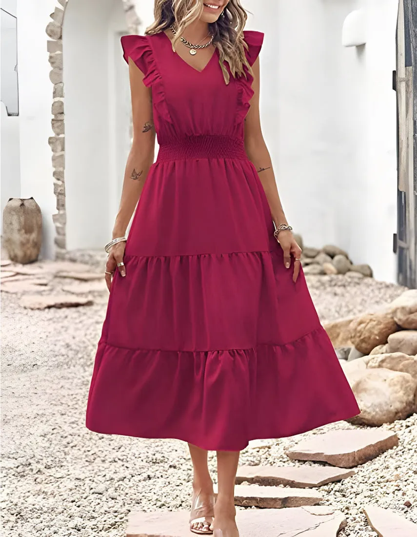 Plain Sleeveless V-Neck Midi Pleated A Line Dresses
