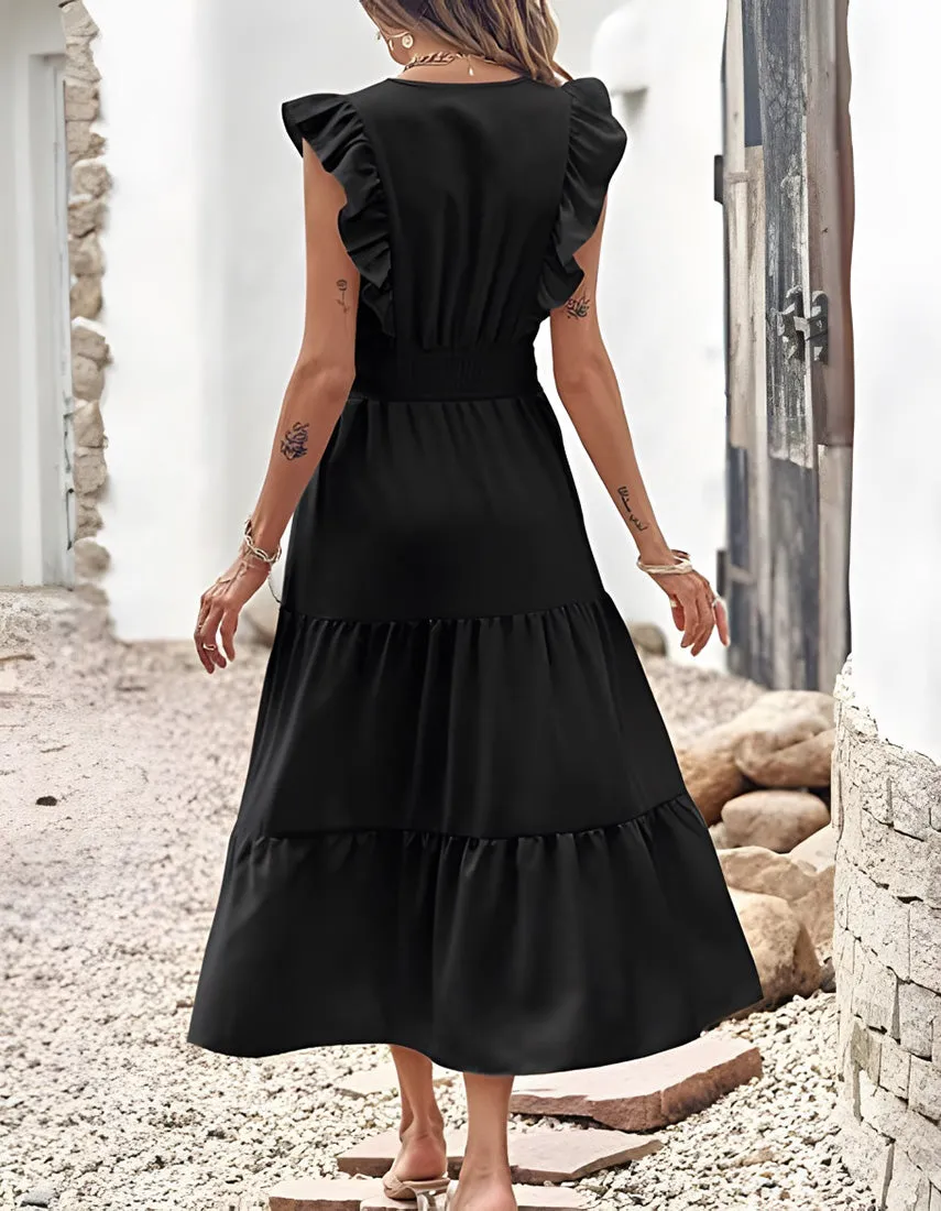 Plain Sleeveless V-Neck Midi Pleated A Line Dresses