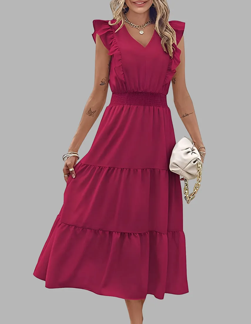 Plain Sleeveless V-Neck Midi Pleated A Line Dresses