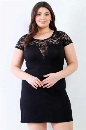 Plus Size Black Lace Detail Short Sleeve Mini Dress