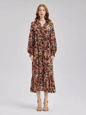 Poetically Printed Velvet Ruffle Dress