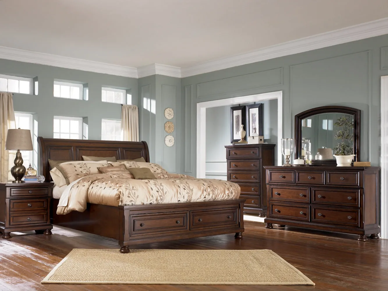 Porter California King Sleigh Bed with Mirrored Dresser, Chest and Nightstand
