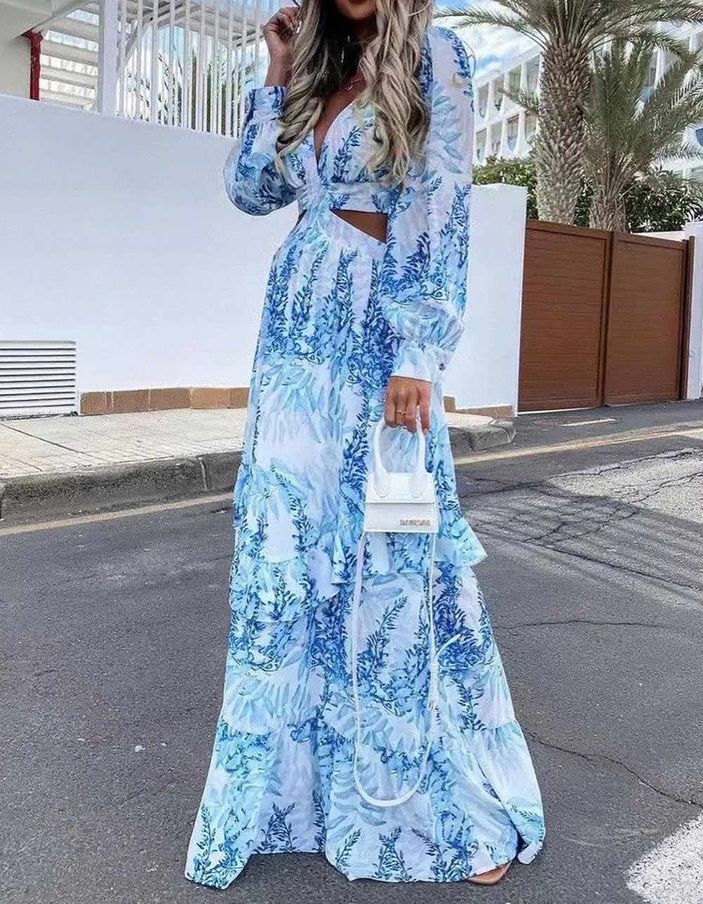 Print V Neck Long Sleeve Cut Out Maxi A-Line Dresses