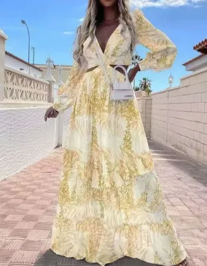 Print V Neck Long Sleeve Cut Out Maxi A-Line Dresses