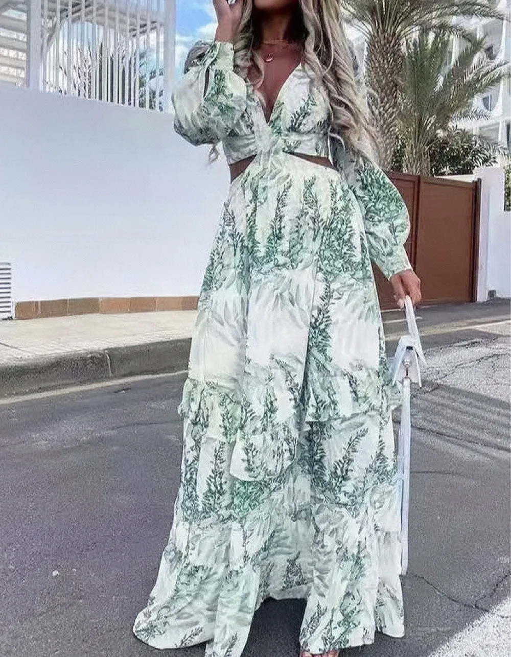Print V Neck Long Sleeve Cut Out Maxi A-Line Dresses