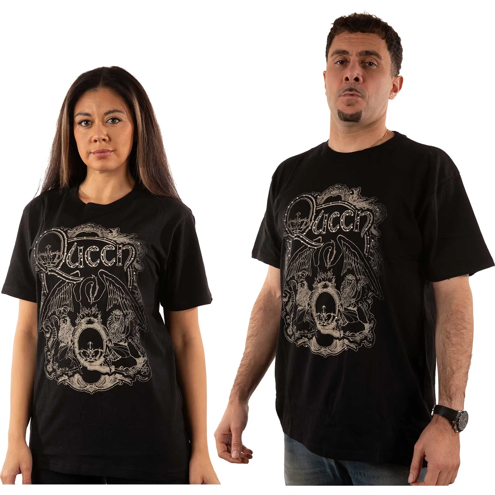 Queen Unisex Embellished T-Shirt: Ornate Crest (Diamante)