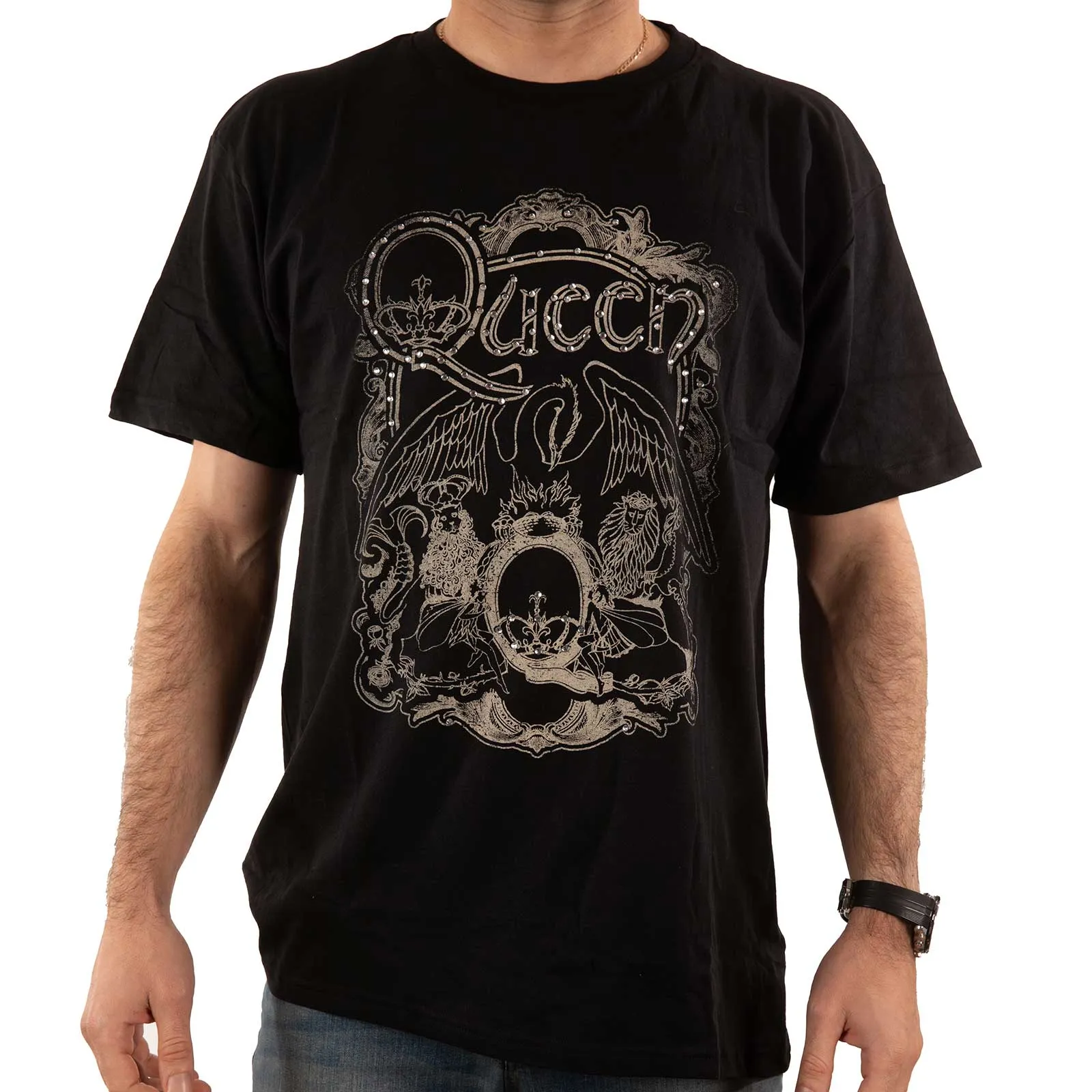 Queen Unisex Embellished T-Shirt: Ornate Crest (Diamante)