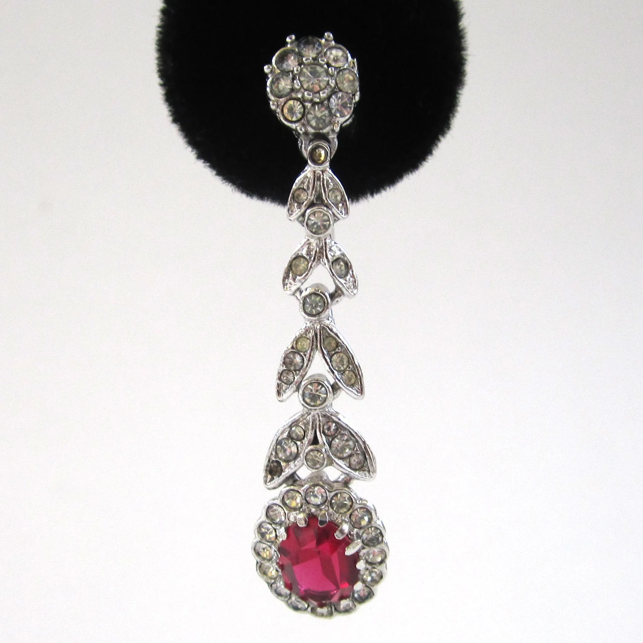 Red and Clear Rhinestone Leaf-drop Earrings