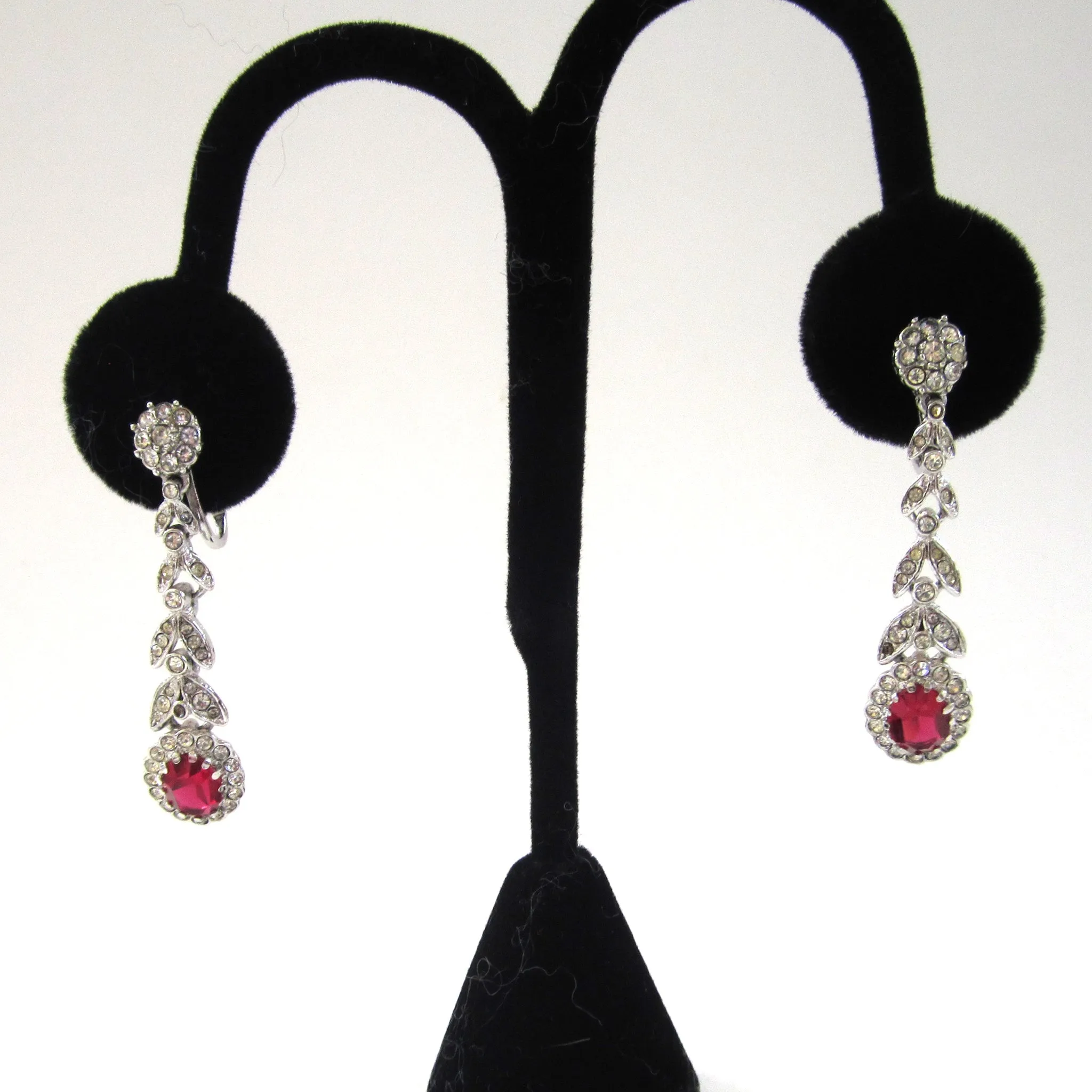 Red and Clear Rhinestone Leaf-drop Earrings