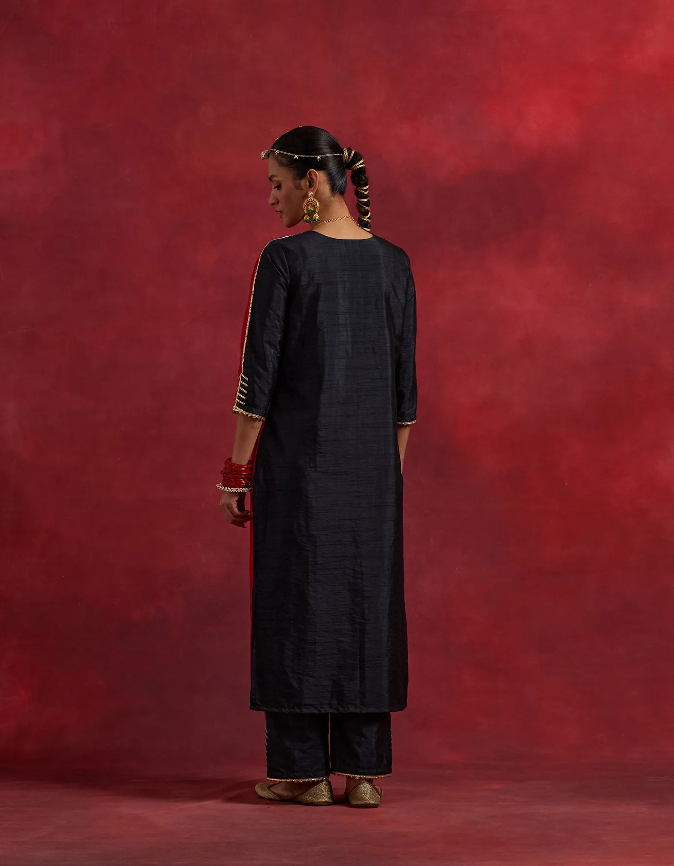 Red Black Raw Silk Half And Half Kurta Set (Set Of 2)