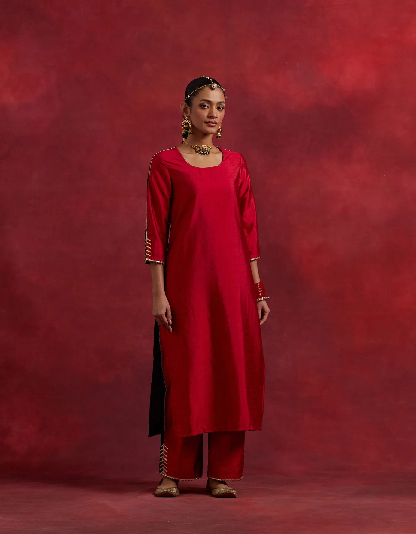 Red Black Raw Silk Half And Half Kurta Set (Set Of 2)
