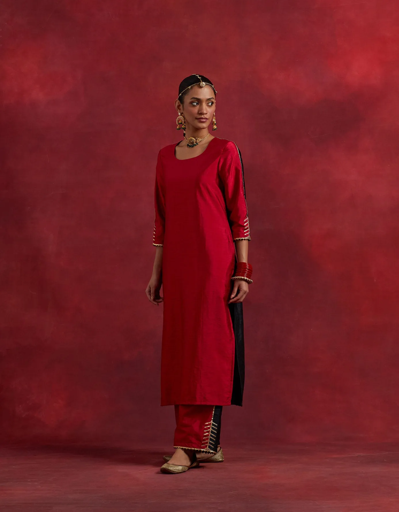 Red Black Raw Silk Half And Half Kurta Set (Set Of 2)