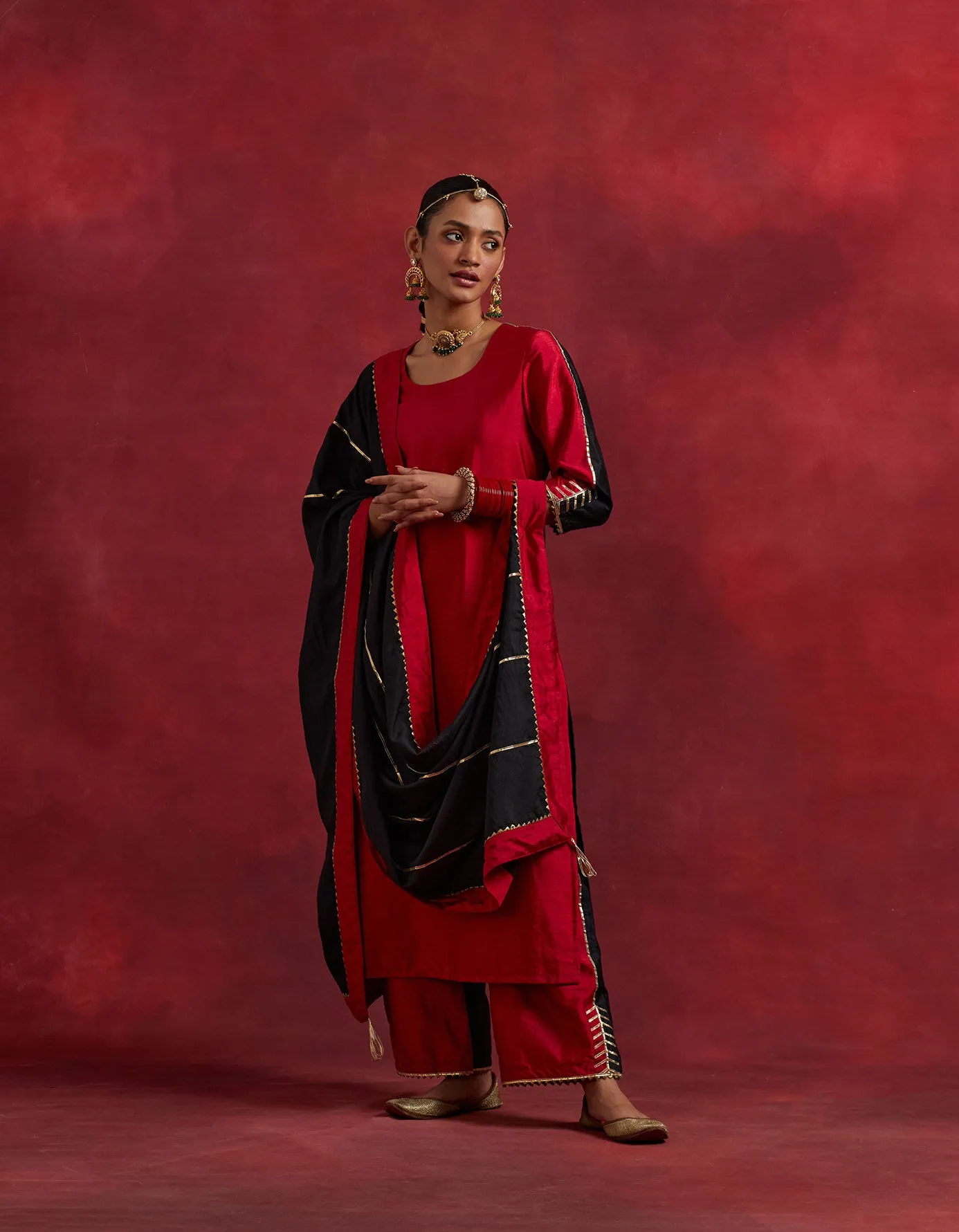 Red Black Raw Silk Half And Half Kurta Set (Set Of 2)