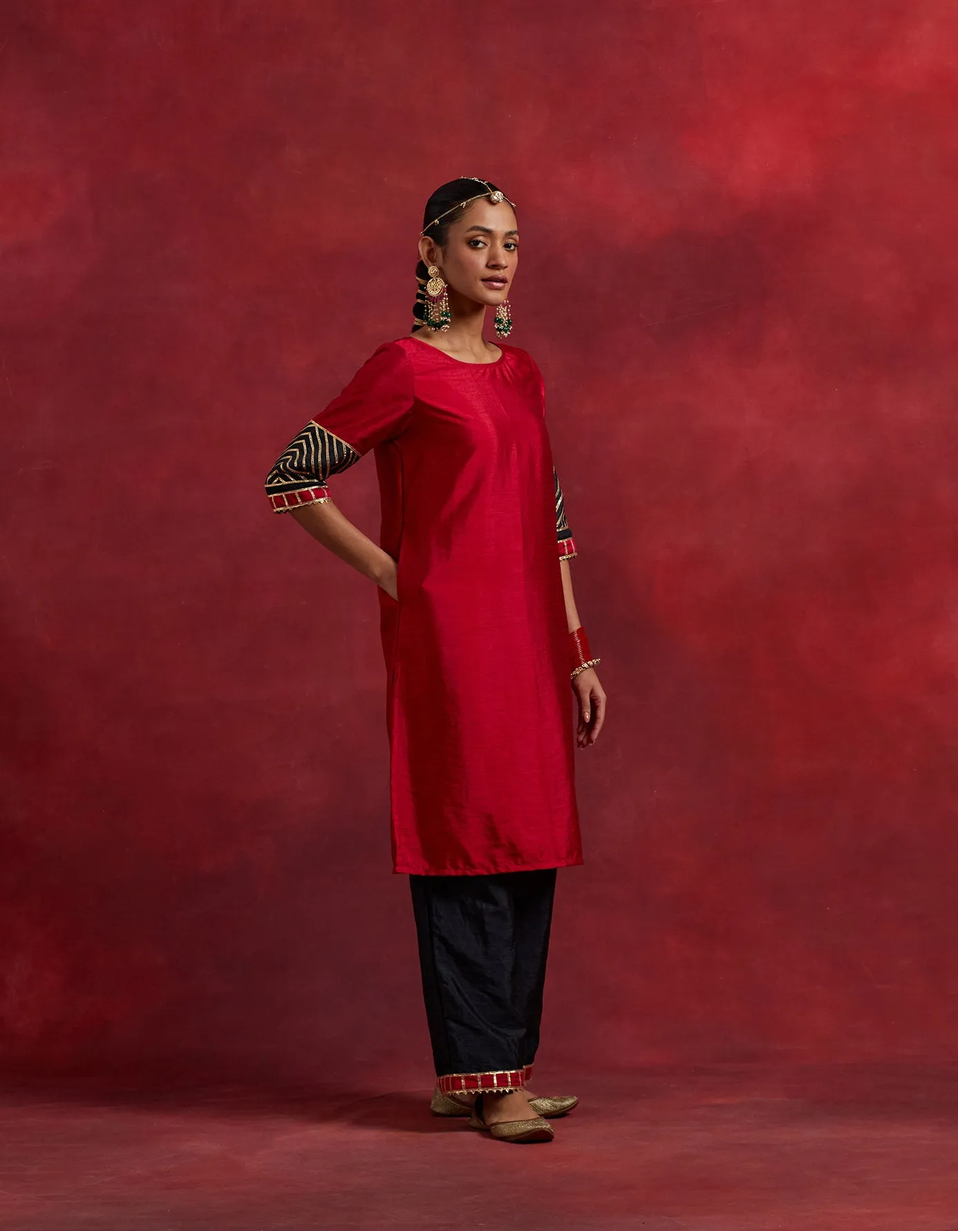 Red Black Raw Silk Jennifer Kurta Set (Set Of 2)