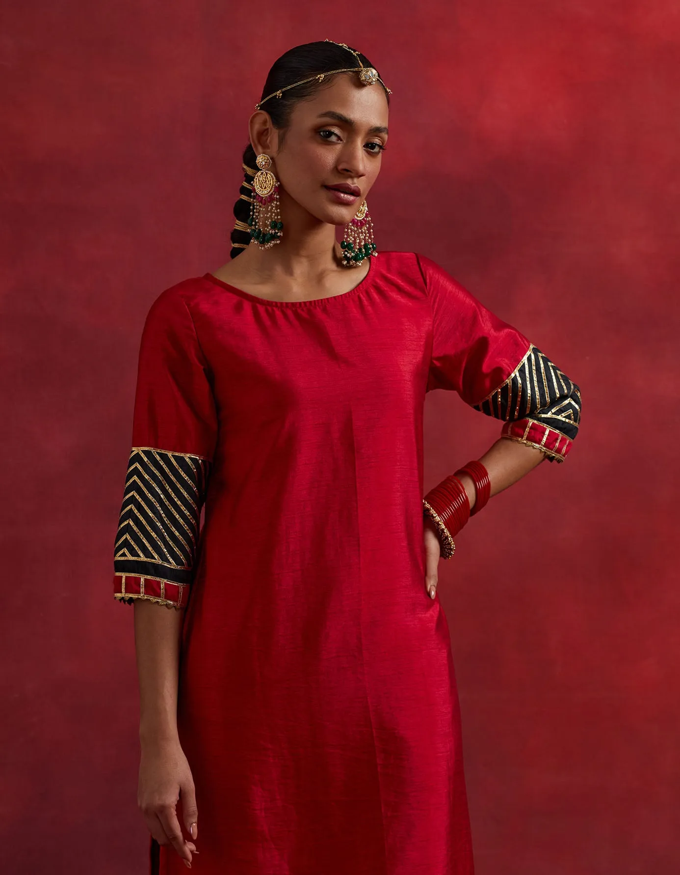Red Black Raw Silk Jennifer Kurta Set (Set Of 2)