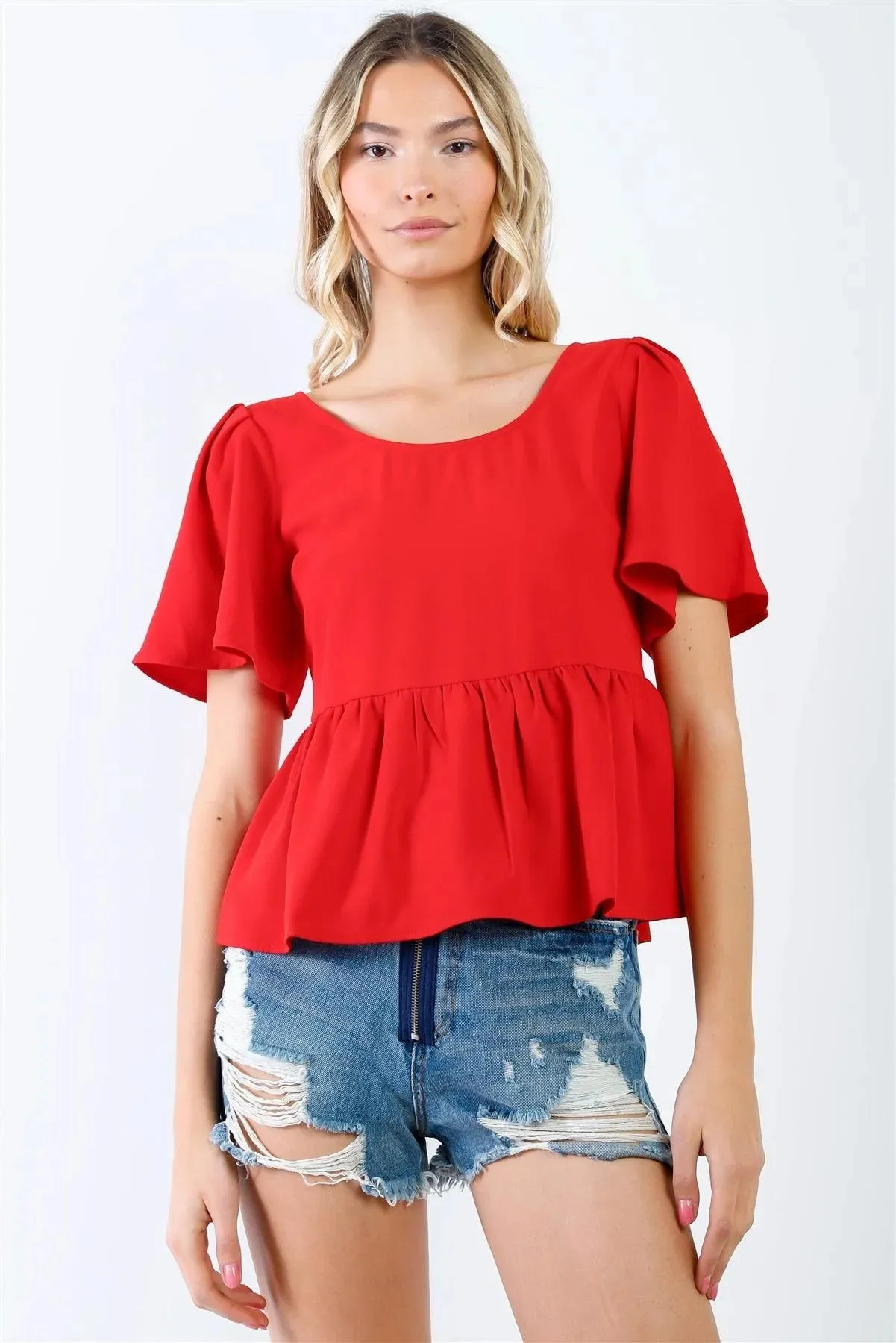 Red Flare Sleeve & Hem Back Button Up Detail Top /2-1-1-1