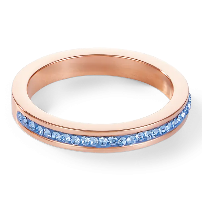 Ring slim stainless steel rose gold & crystals pavé light blue