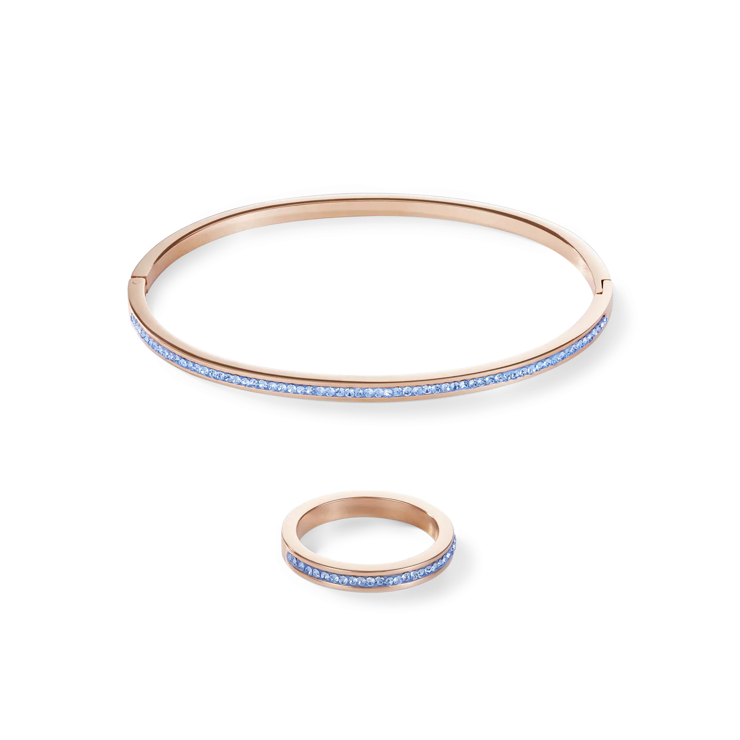 Ring slim stainless steel rose gold & crystals pavé light blue