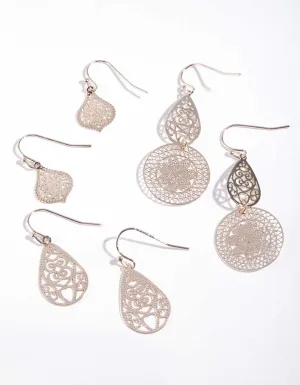 Rose Gold Ornate Earring 3 Pack