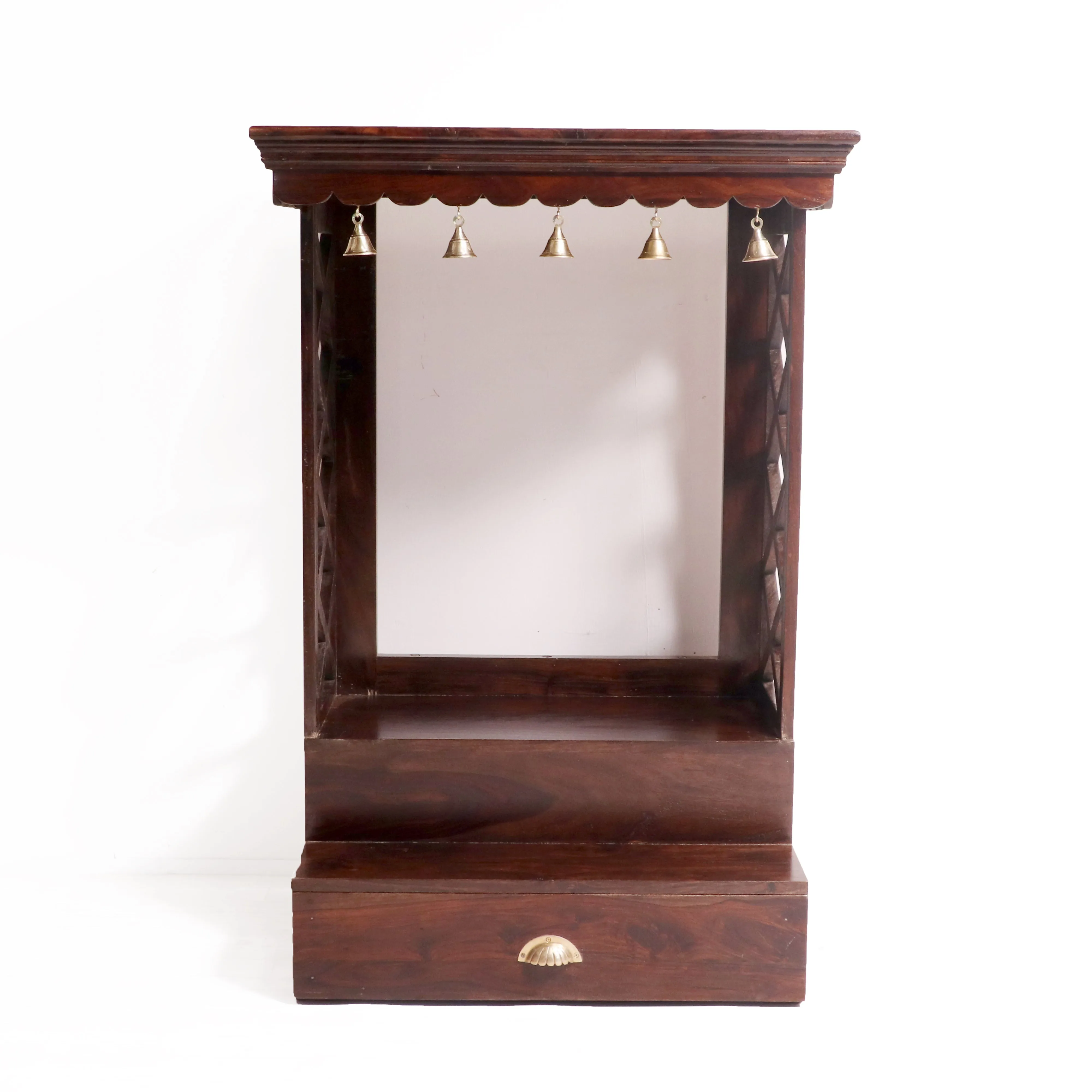 Sheesham wood brass bell single drawer multiple step temple