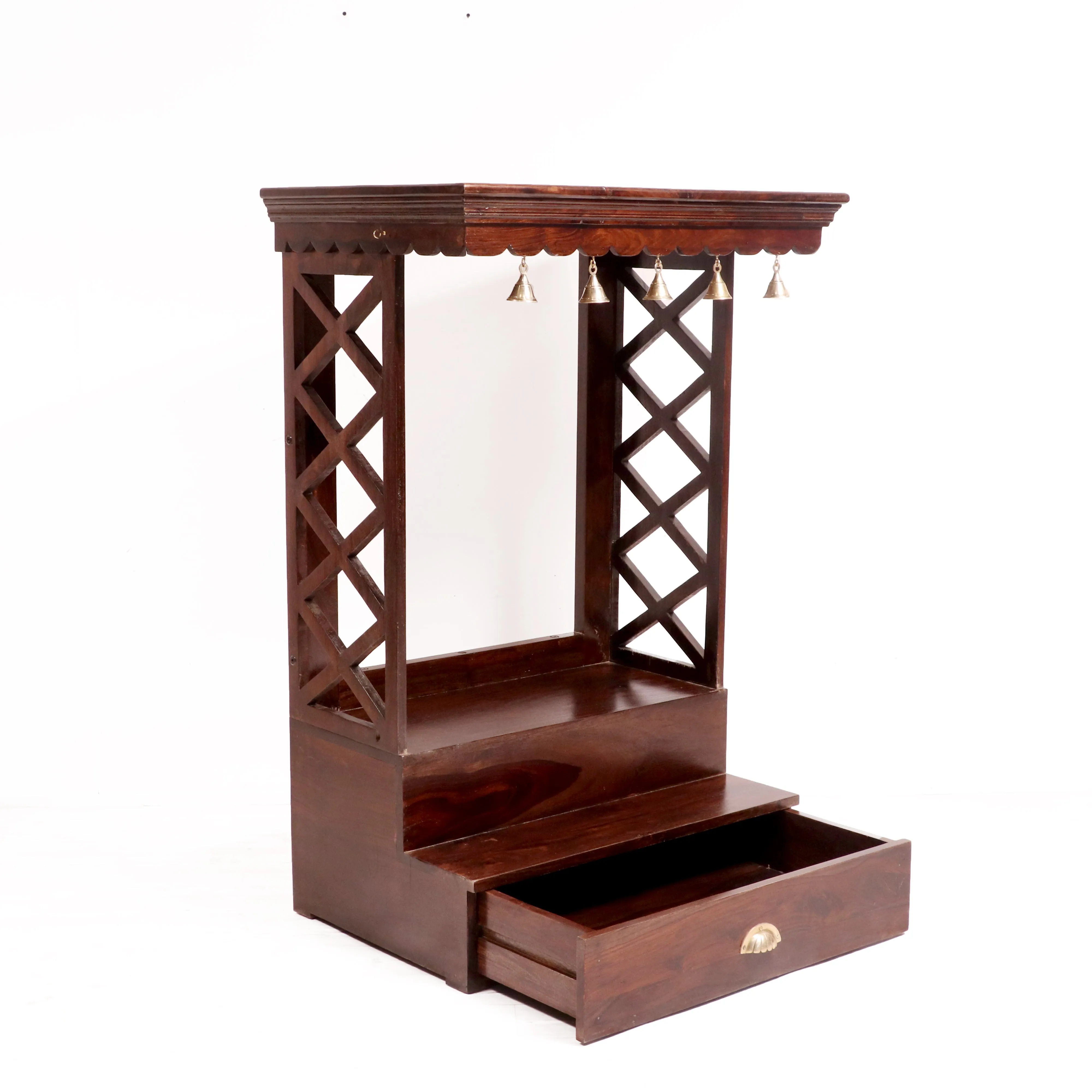 Sheesham wood brass bell single drawer multiple step temple