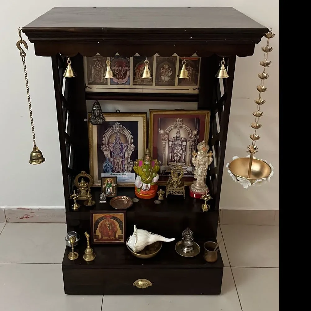 Sheesham wood brass bell single drawer multiple step temple