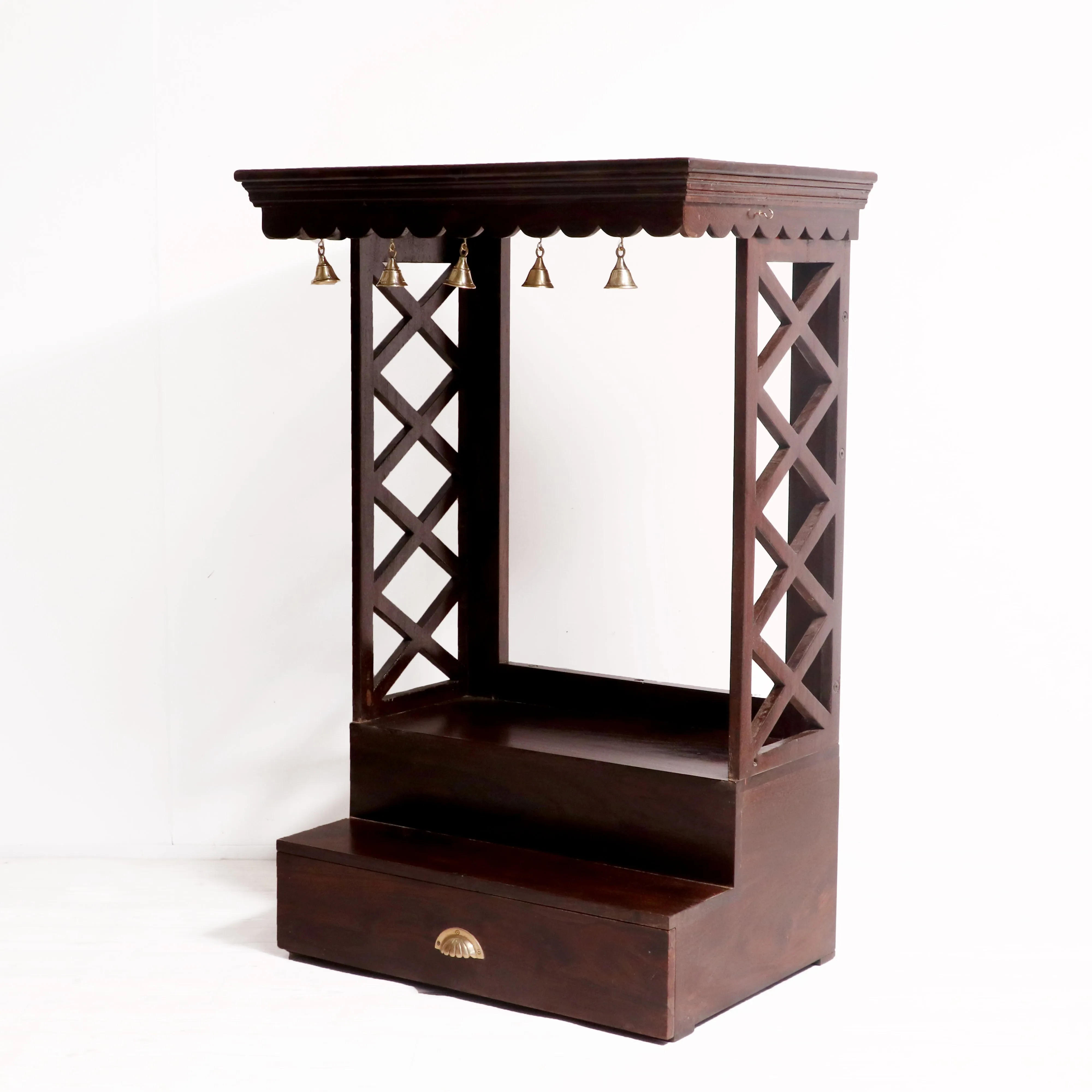 Sheesham wood brass bell single drawer multiple step temple