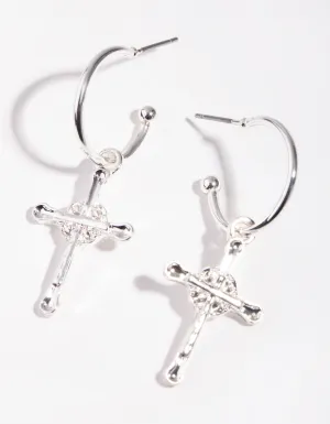 Silver Cross on Hoop Drop Earrings