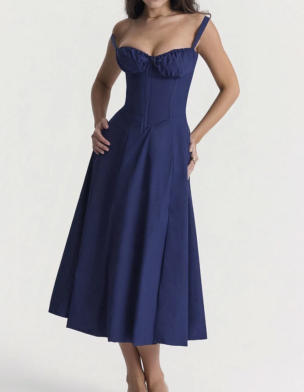 Solid-color Disty Floral Strap French Long A-Line Dresses