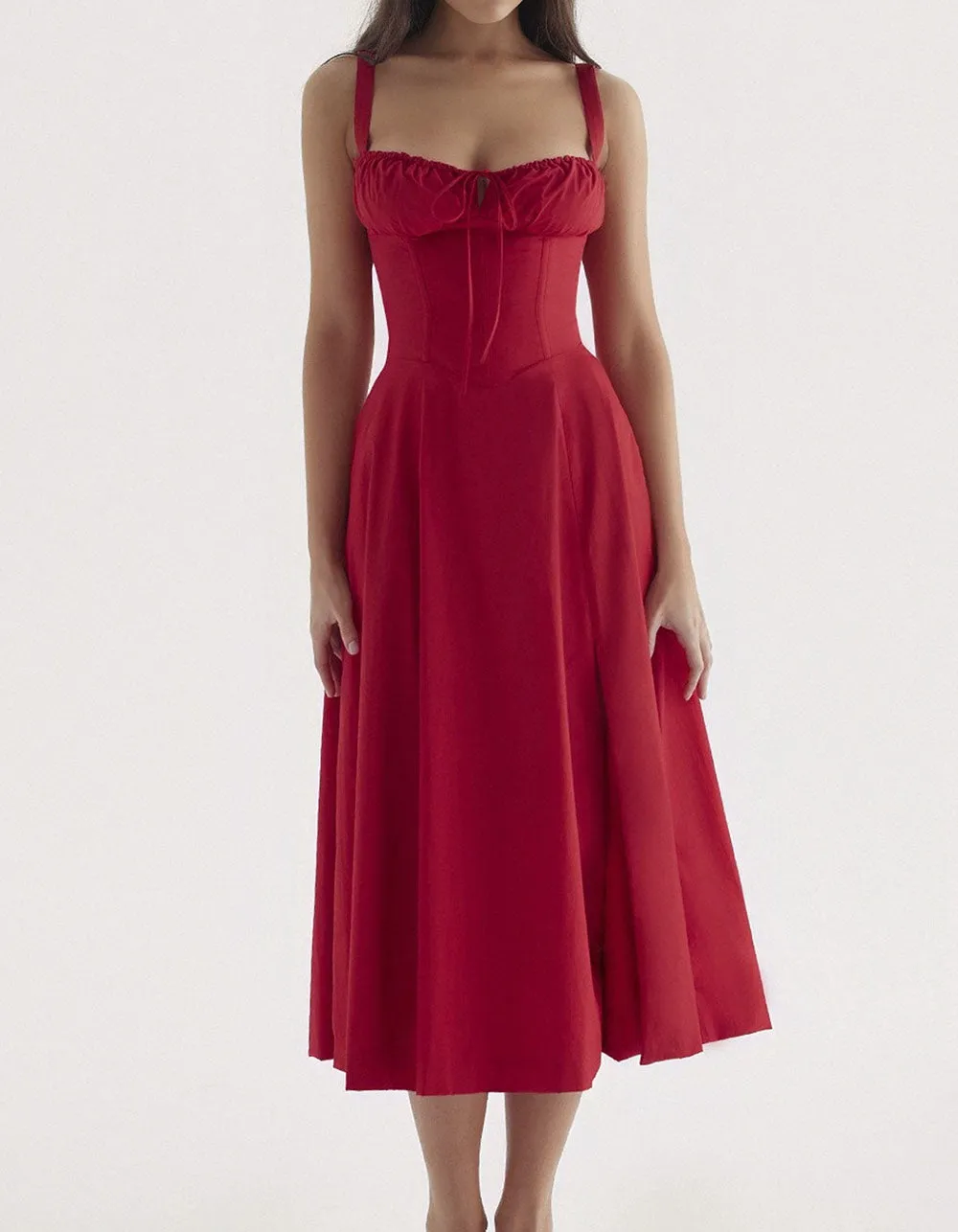 Solid-color Disty Floral Strap French Long A-Line Dresses
