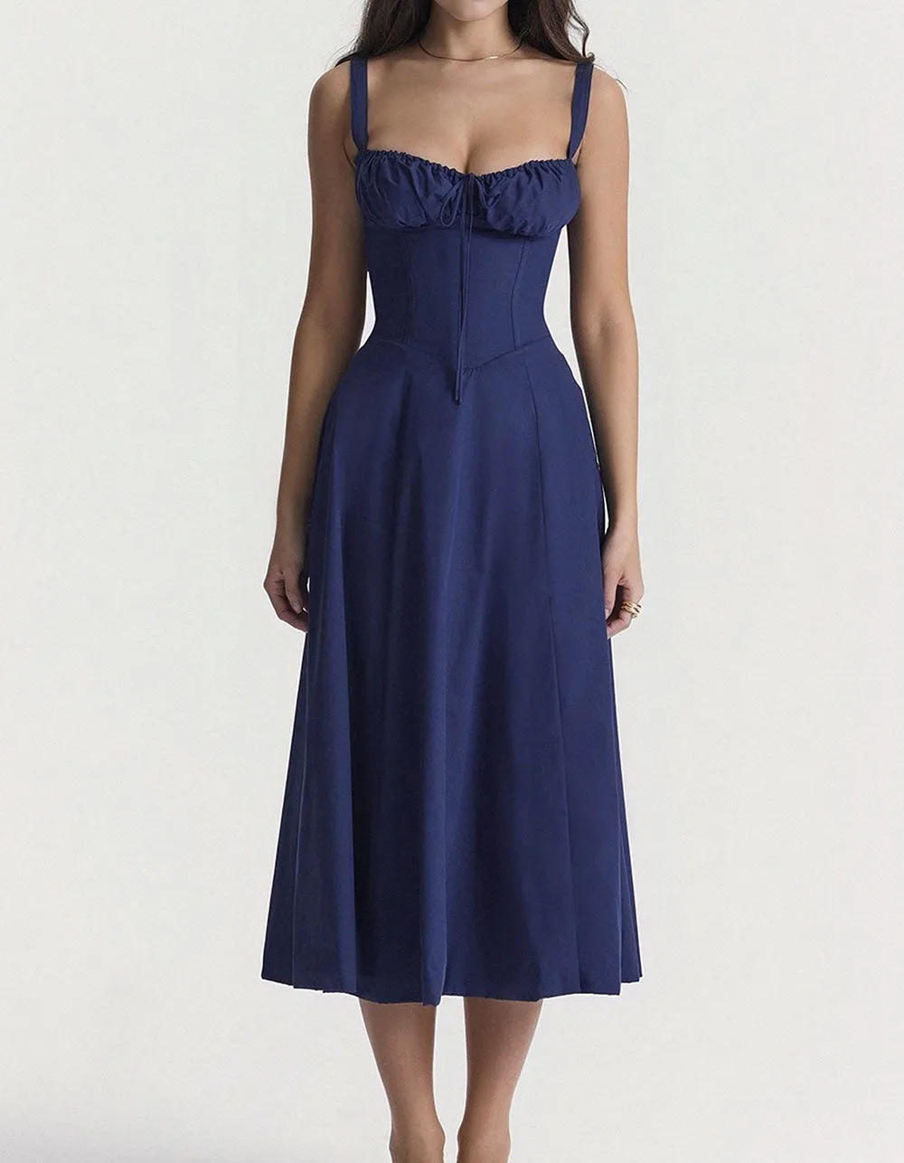 Solid-color Disty Floral Strap French Long A-Line Dresses