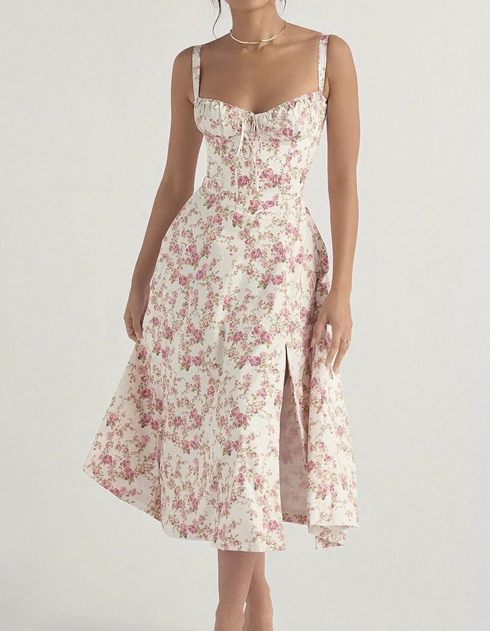 Solid-color Disty Floral Strap French Long A-Line Dresses
