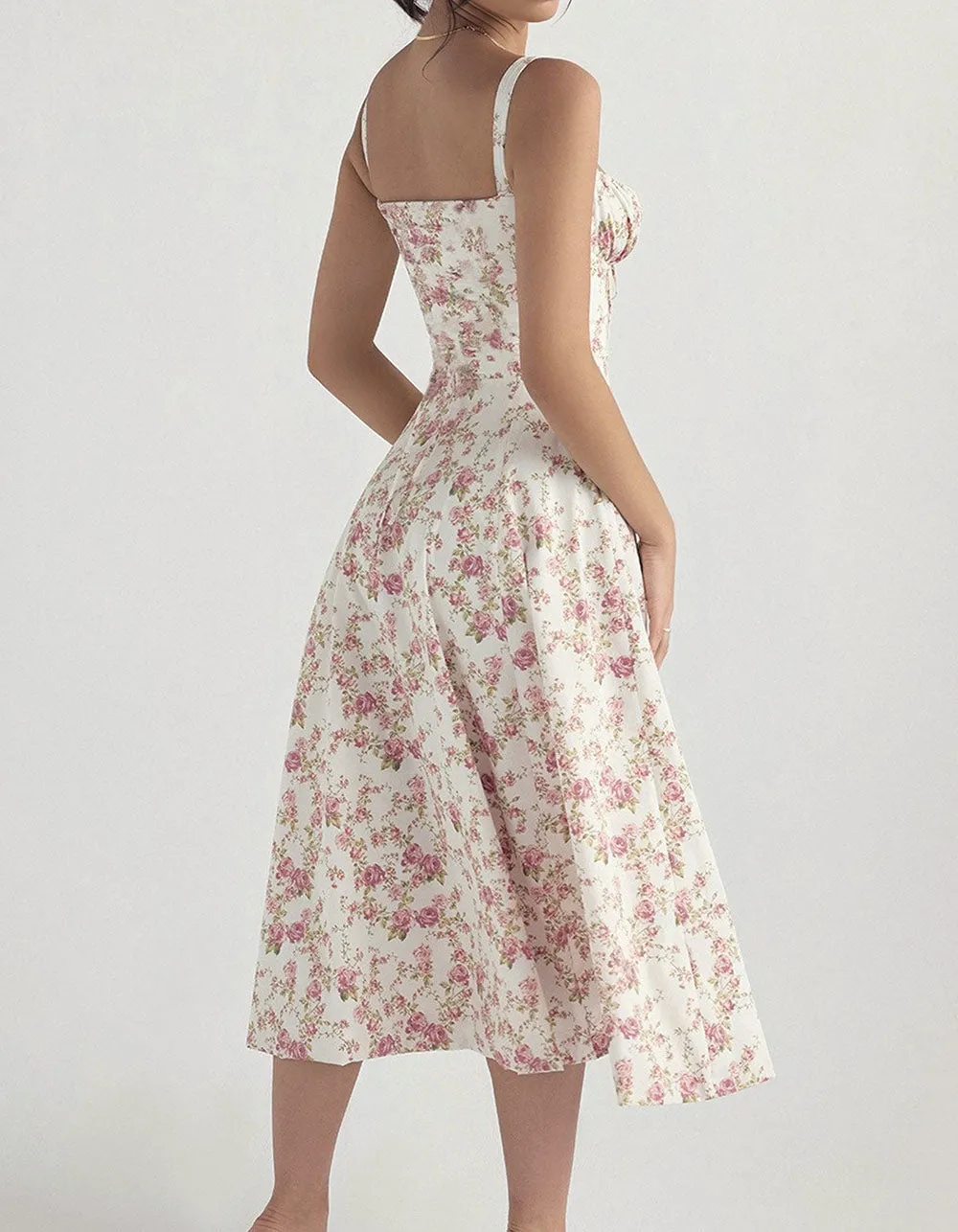 Solid-color Disty Floral Strap French Long A-Line Dresses