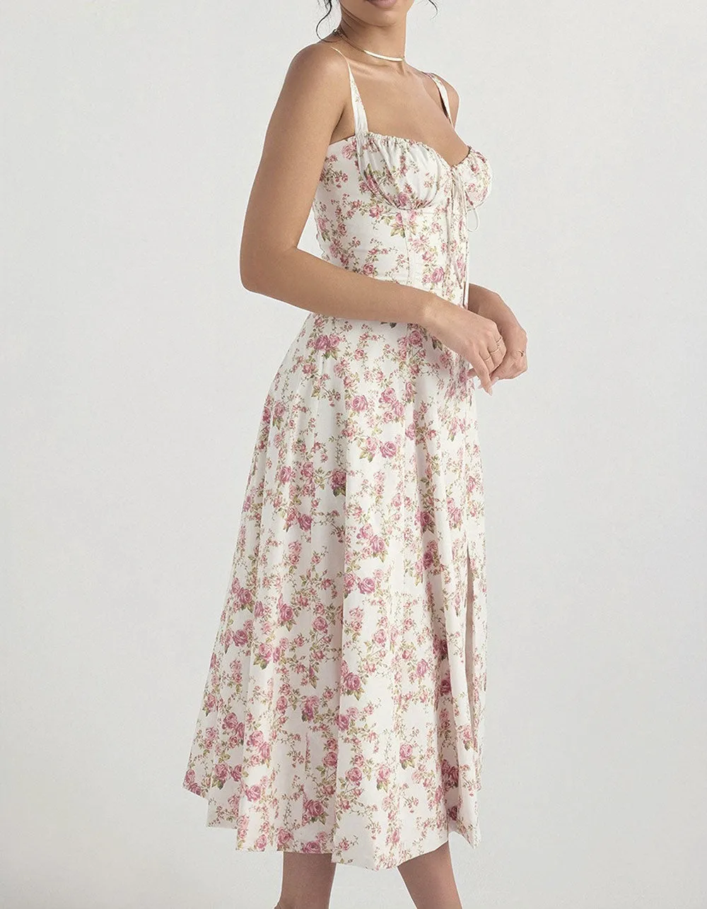 Solid-color Disty Floral Strap French Long A-Line Dresses