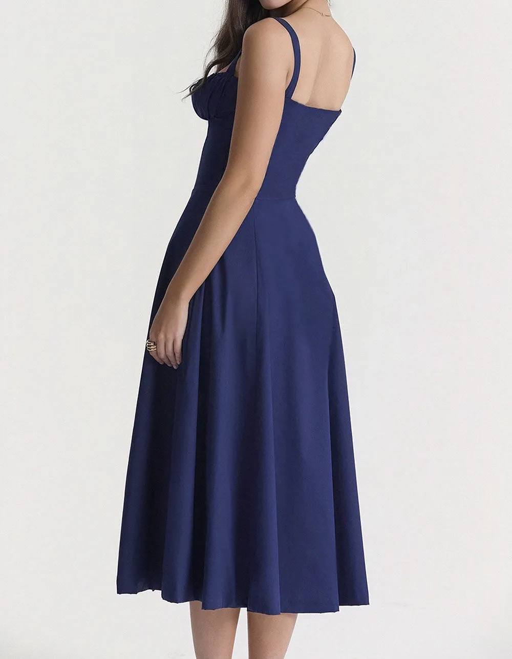 Solid-color Disty Floral Strap French Long A-Line Dresses