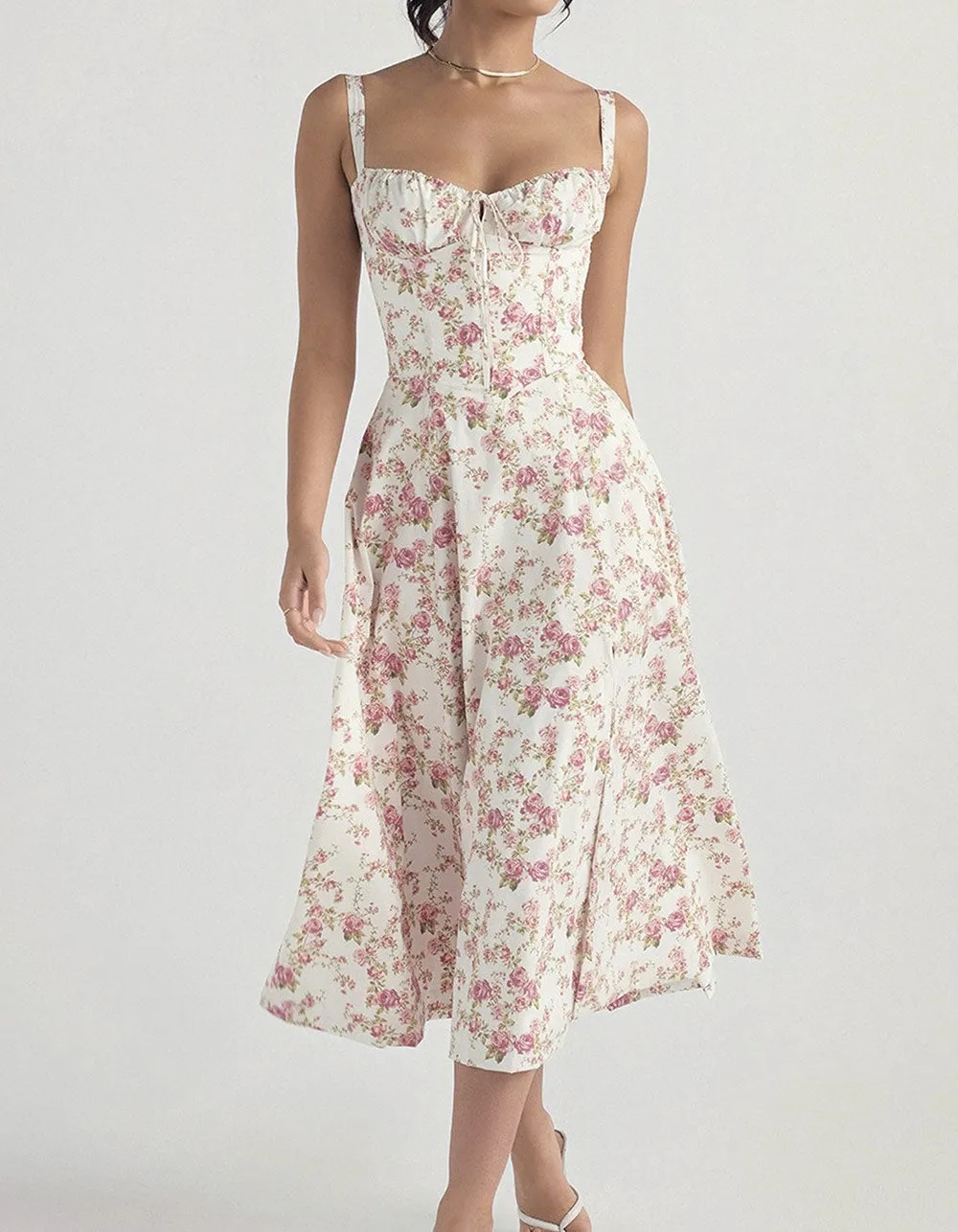 Solid-color Disty Floral Strap French Long A-Line Dresses