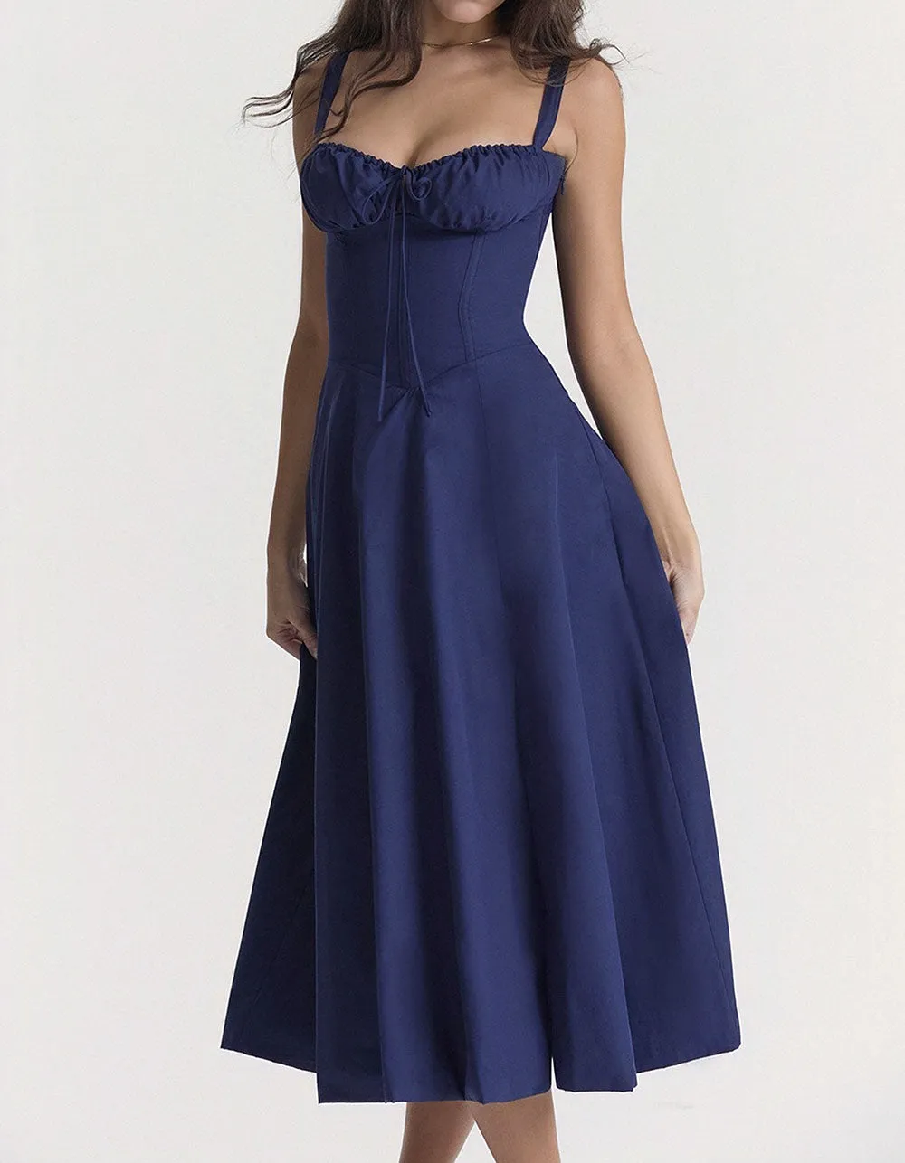 Solid-color Disty Floral Strap French Long A-Line Dresses