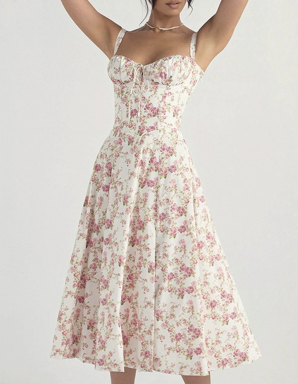 Solid-color Disty Floral Strap French Long A-Line Dresses