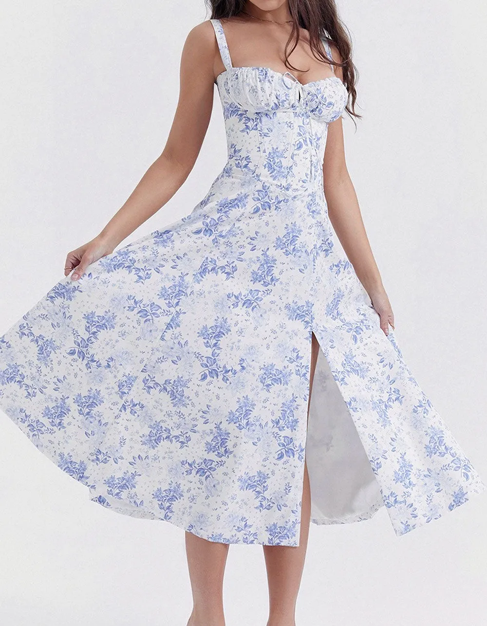 Solid-color Disty Floral Strap French Long A-Line Dresses
