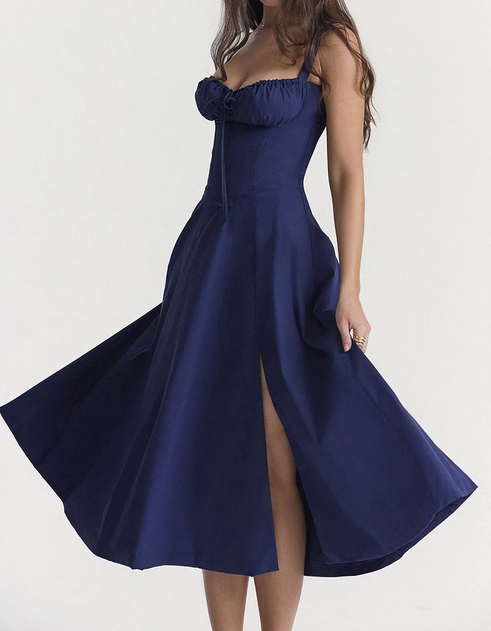 Solid-color Disty Floral Strap French Long A-Line Dresses