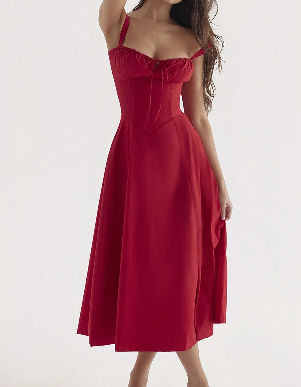 Solid-color Disty Floral Strap French Long A-Line Dresses