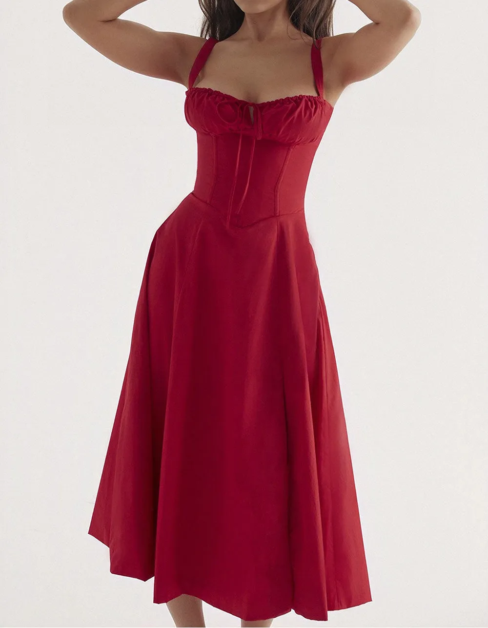 Solid-color Disty Floral Strap French Long A-Line Dresses