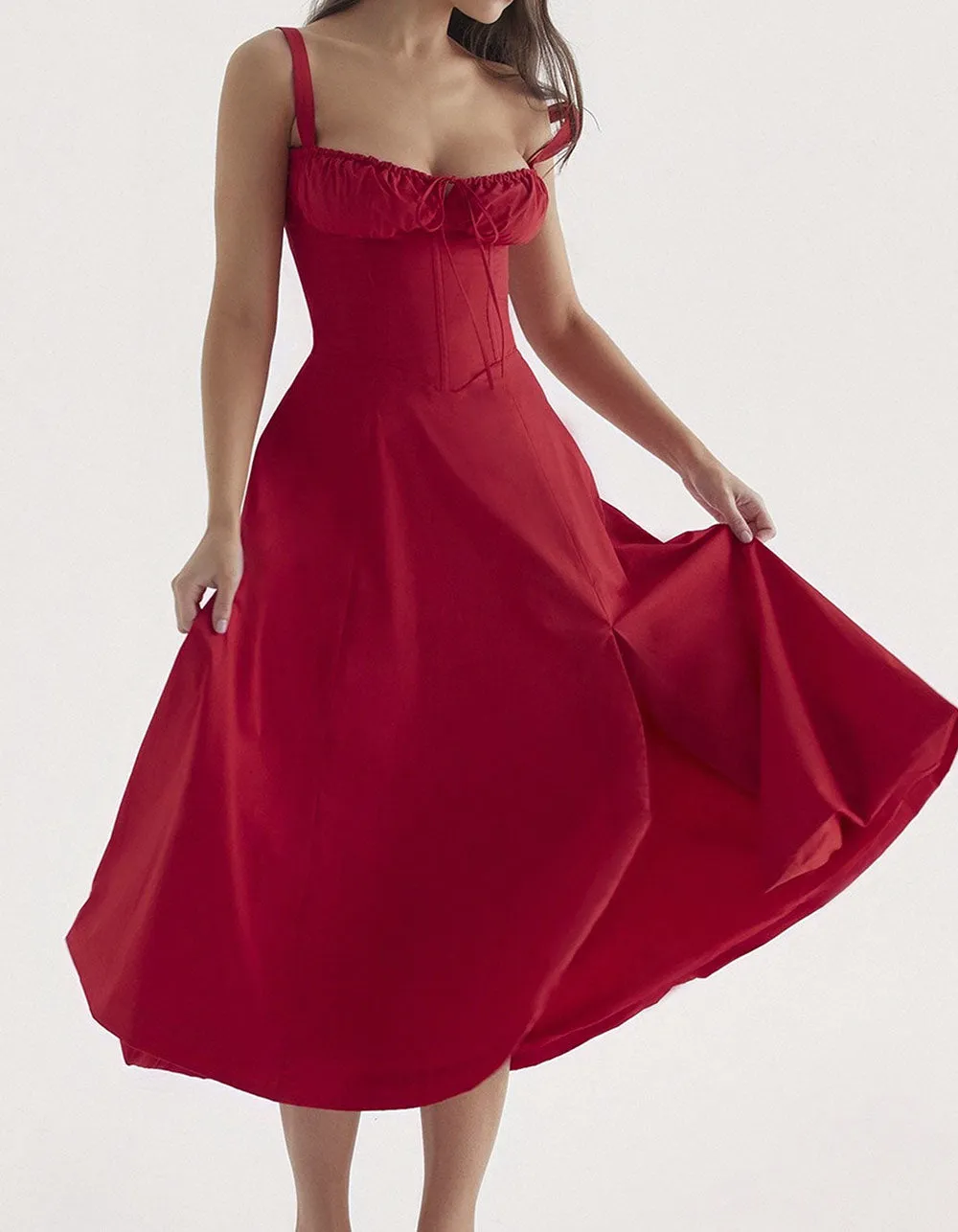 Solid-color Disty Floral Strap French Long A-Line Dresses