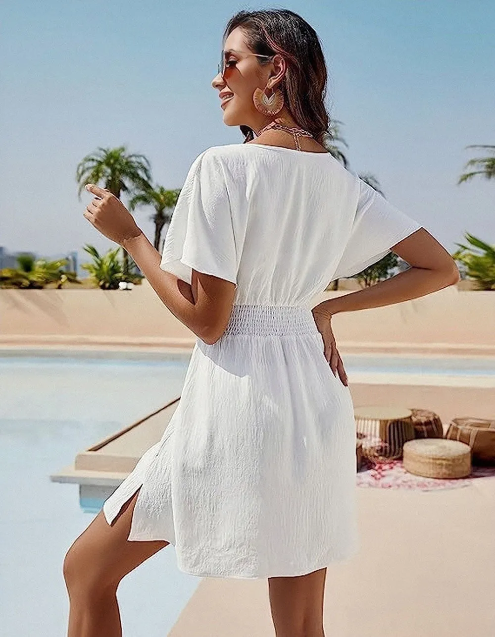 Solid-color V Neck Pleated Short A-Line Dresses