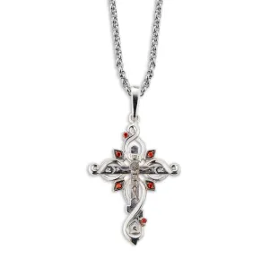Sterling Silver Ornate Crucifix with Fire Red CZ Accents - S235118