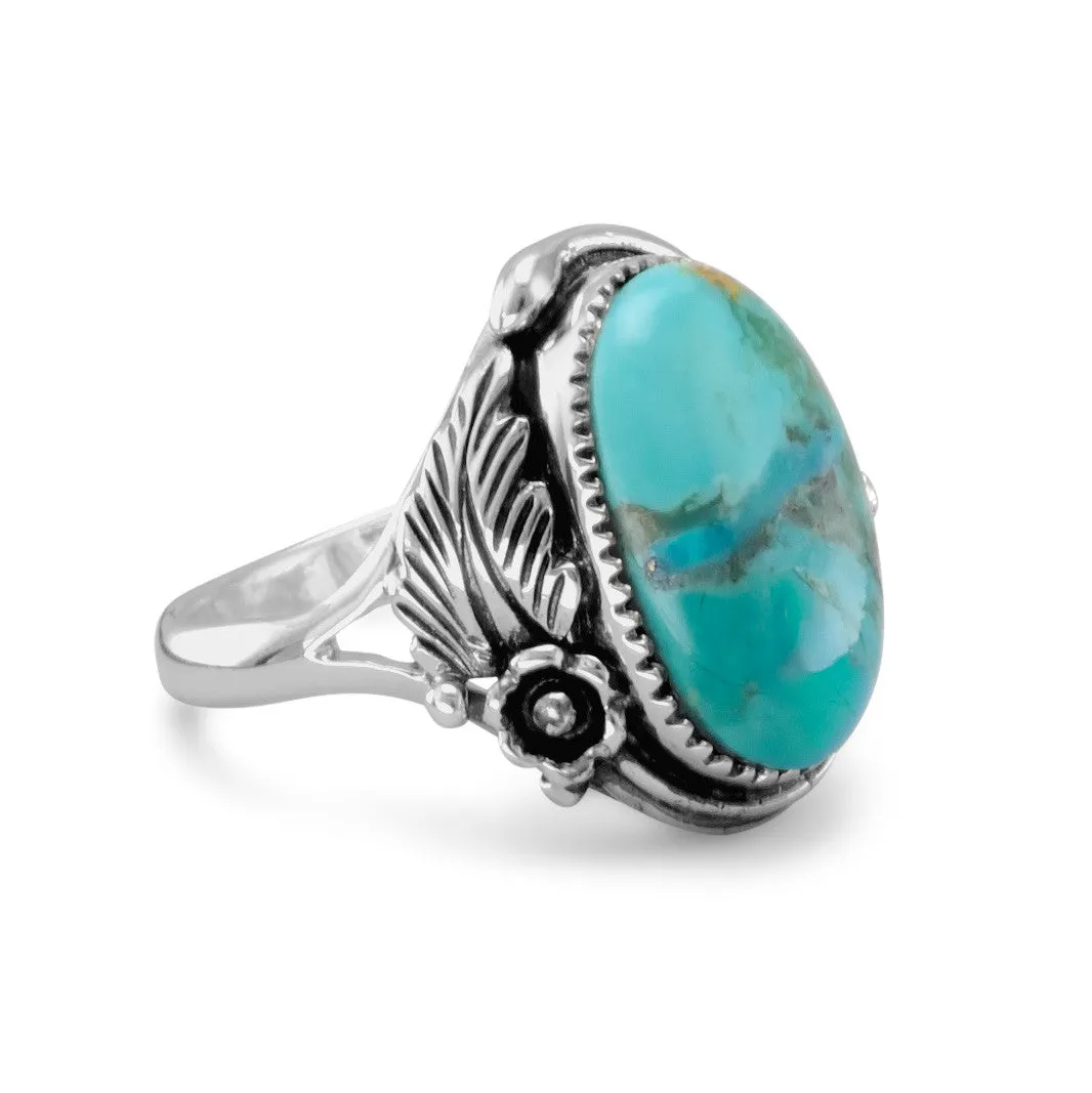 Sterling Silver Oval Turquoise Floral Design Ring
