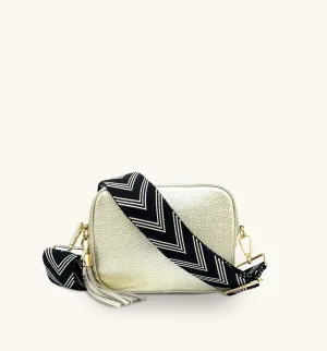 The Tassel Gold Leather Crossbody Bag With Black & Stone Arrow Strap