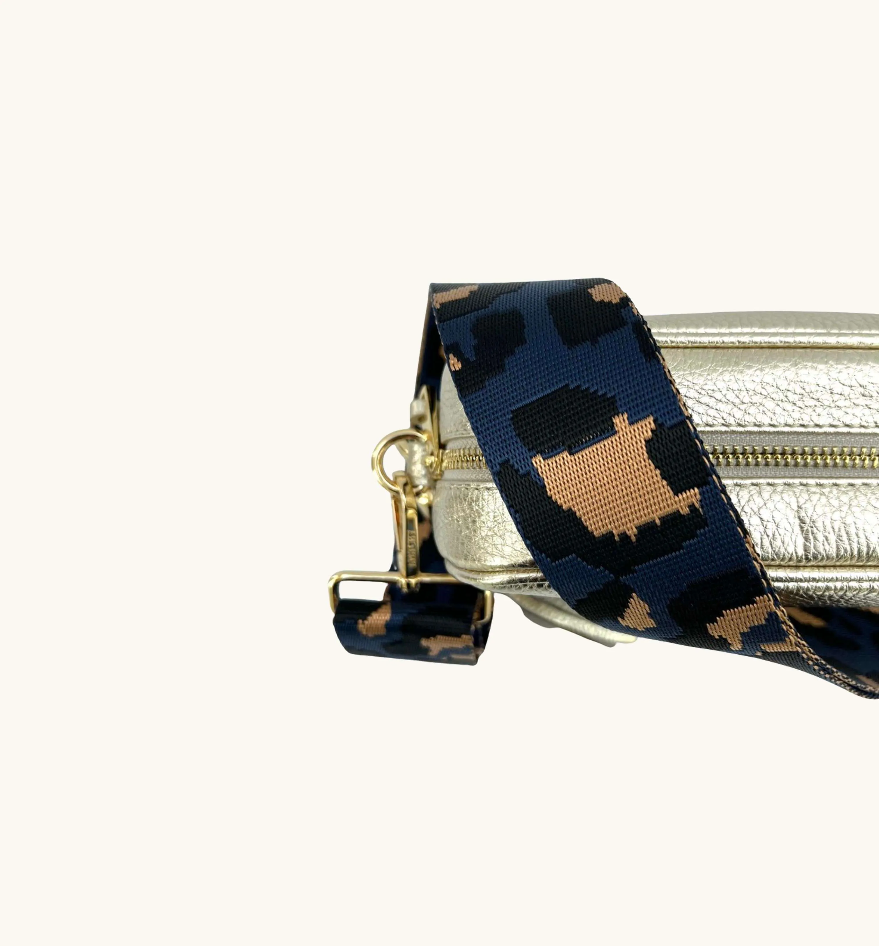 The Tassel Gold Leather Crossbody Bag With Navy Leopard Strap