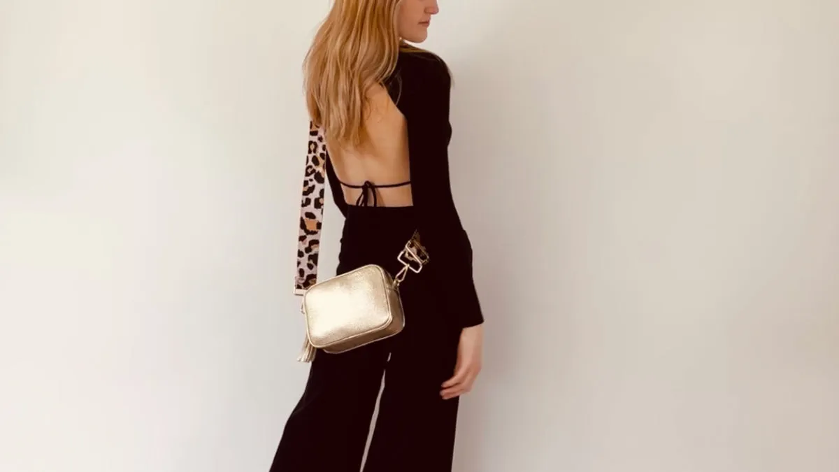 The Tassel Gold Leather Crossbody Bag With Navy Leopard Strap